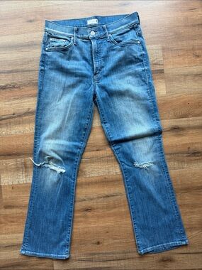 MOTHER Straight Leg Distressed Jeans in Blue Wash